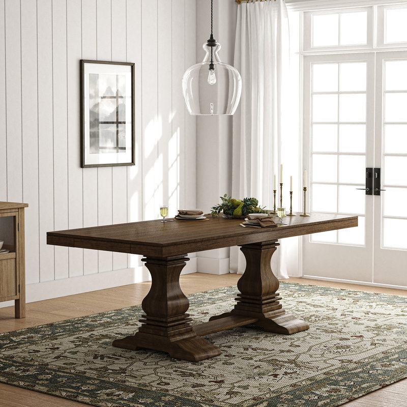 Vitti Farmhouse  Rectangular 86'' L x 38''W Trestle Dining Table  Solid Wood Desktop With 2 Drawers, Walnut