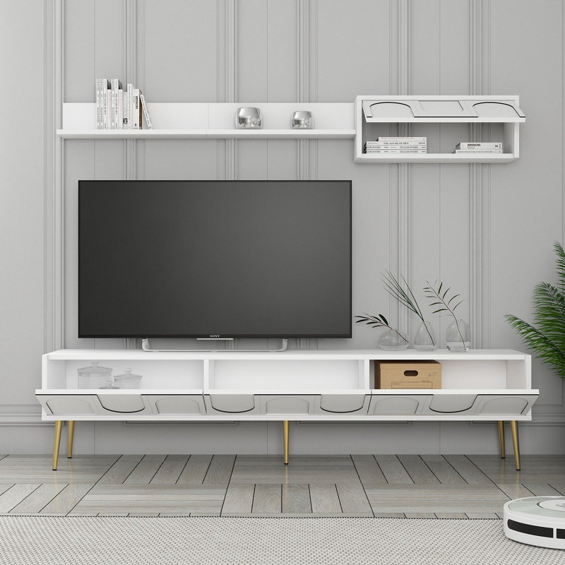 Meuble télé moderne avec tablette murale, blanc et or, 70,9 po x 17,0 po x 13,8 po | 100% panneau de particules enduit de mélamine, épaisseur: 0,7 pouce | Plusieurs tablettes, conception murale, élégante et fonctionnelle pour le salon