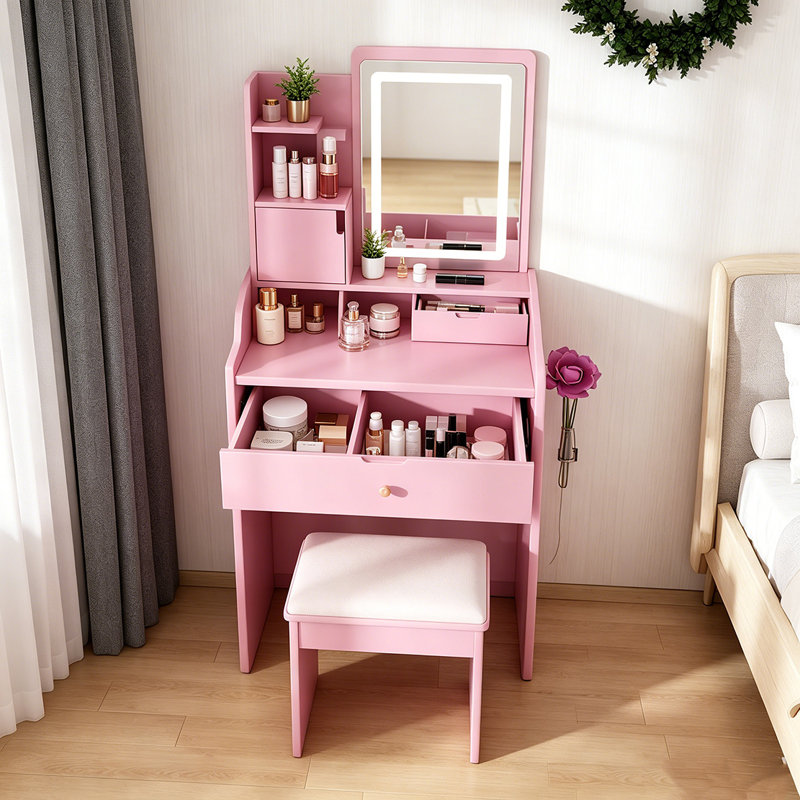  Dressing Table with 3-Color LED Mirror and Stool, 2 Drawers and 5 Storage Cabinets with Adjustable Lighting, Vanity Set with Charging Station and Hairdryer Holder for Bedroom, Pink