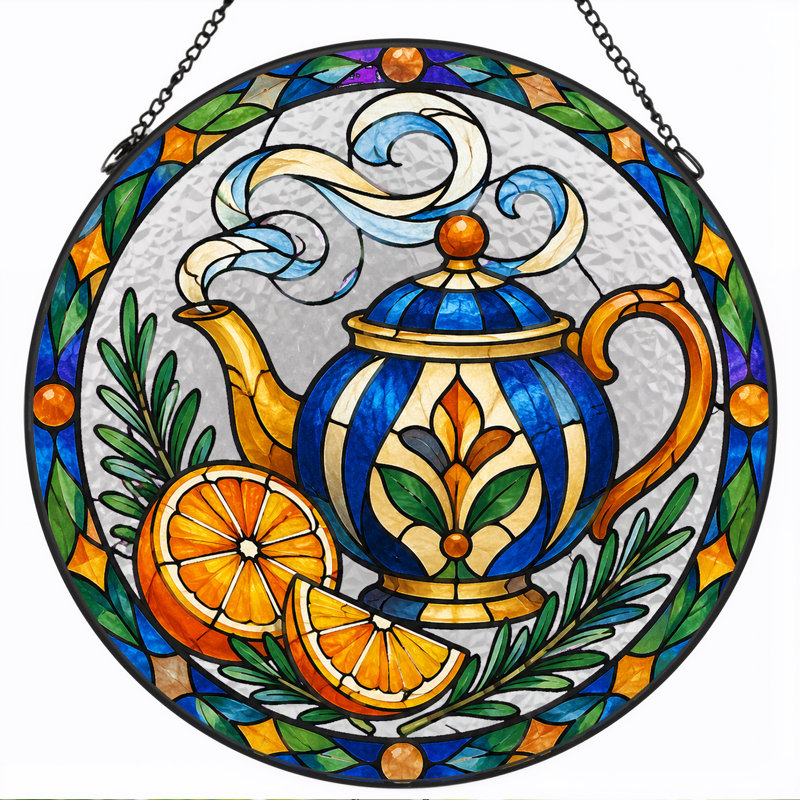 Théière bleue et dorée avec des tranches d'orange, art sur toile de style vitrail, H 12 po