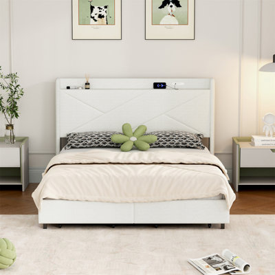 Queen Size Upholstery Platform Bed With Storage Headboard, LED, USB Charging And 2 Drawers -  Ivy Bronx, 6B1C8D689625445EA9D549541D89E5AD