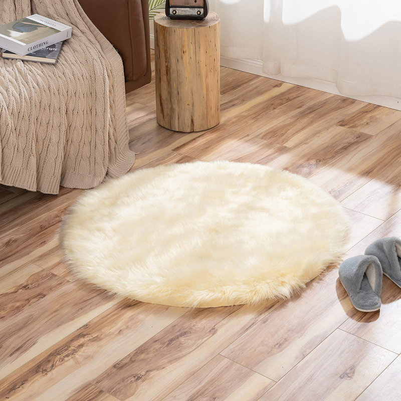 Yellow Shag Faux Sheepskin Fur Rug, Round 6'6''