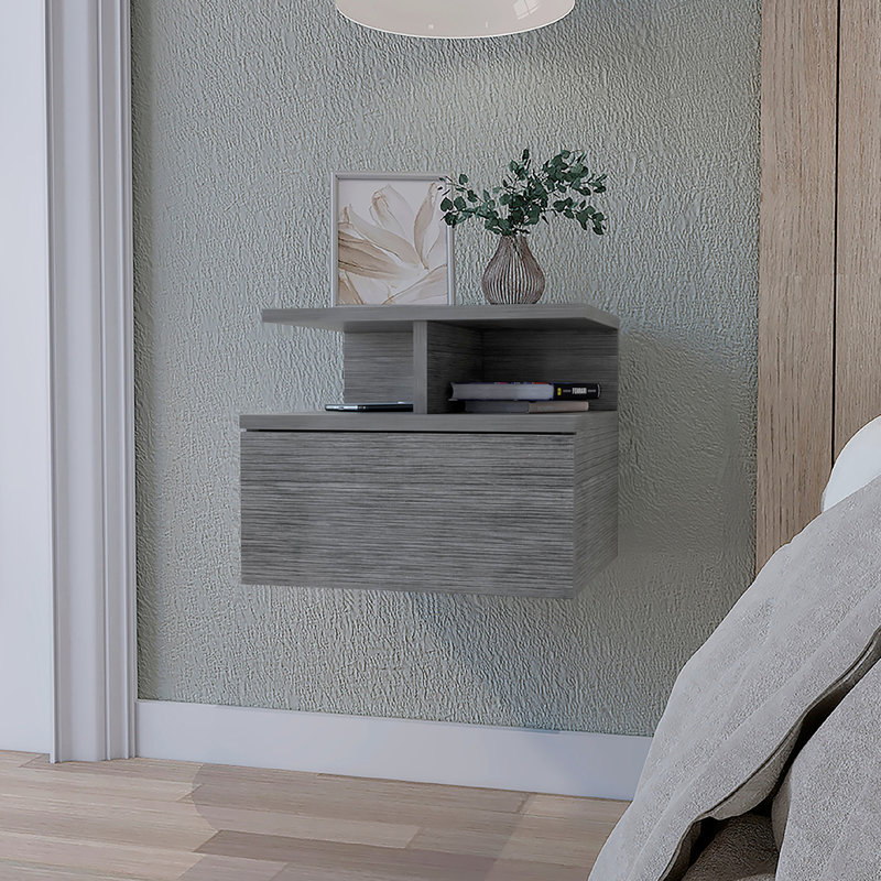 Table de chevet flottante de couleur chêne avec 2 tablettes pour le rangement de la chambre à coucher