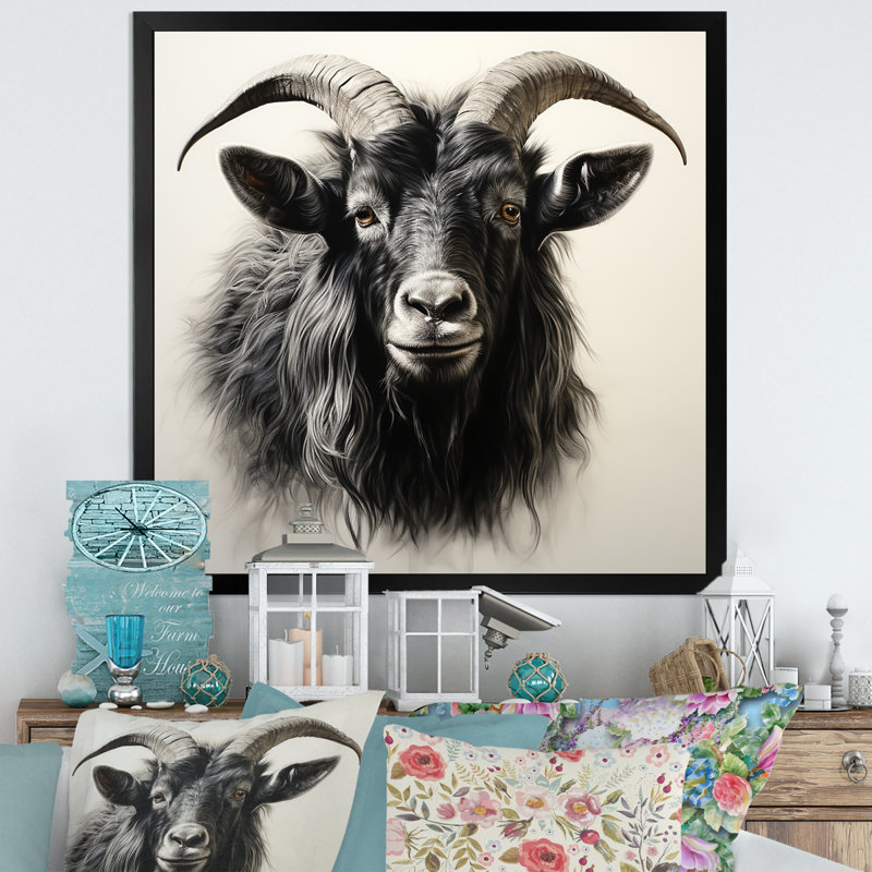 «Black Charcoal Goat Portrait III», art mural animal de chèvre, Cadre simple noir, H 30 po x l 30 po x P 1,5 po