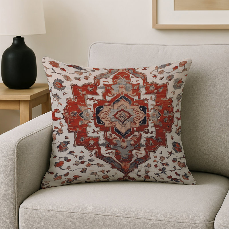 Coussin décoratif intérieur et extérieur Modern, Carré 18 po, Ivoire / rouille / bleu marine damassé