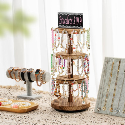 Porte-bracelet, présentoir rotatif en bois à 3 niveaux, présentoir de vendeur d'arbre avec panneau de publicité, 36 crochets pour le bracelet, présentoirs porte-clés pour la vente, brun (brevet en instance)