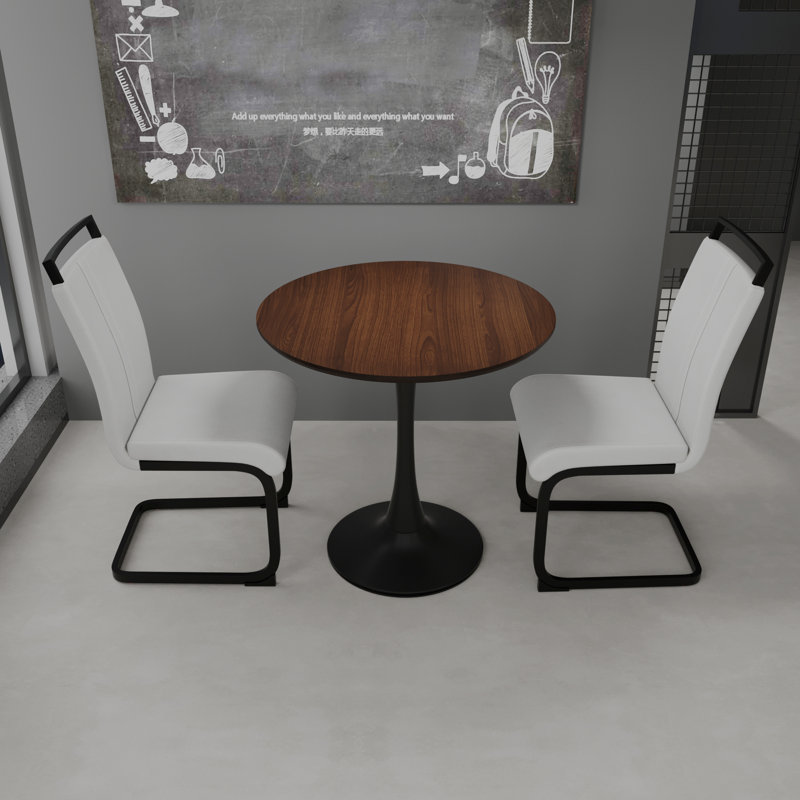 Ensemble de table de salle à manger en noyer avec plateau en bois aggloméré et 2 chaises en polyuréthane blanc avec pieds en métal noir, pour 2 à 4 personnes
