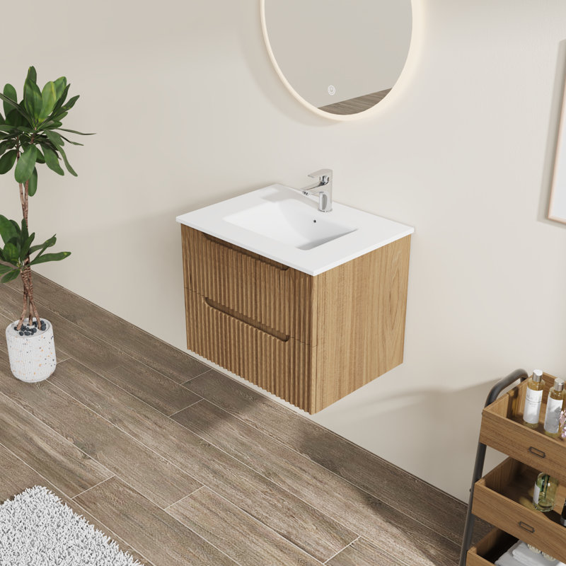 Ensemble de meuble-lavabo mural 24 po, armoire flottante noyer avec lavabo blanc, 24"