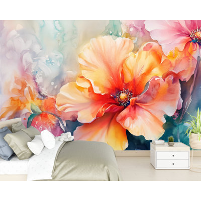Vibrant Watercolor Floral Wallpaper – Bold Orange And Pink Flowers – Lush Artistic Wall Mural