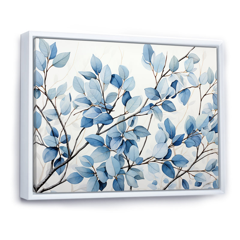 «Blue and Gray Leaves», art mural encadré feuilles, 34" H x 44" W, Cadre flottant blanc