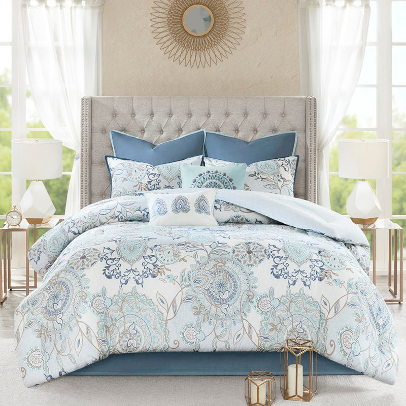 Literie 8 pièces en coton bleu grand - réversible avec motif géométrique, taies décoratives européennes, édredon lavable à la machine, imprimé médaillon en plusieurs couleurs,