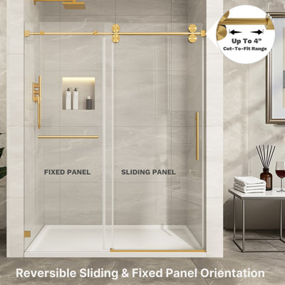 Porte de douche sans cadre K 51, l 55 po x H 76 po Kavrton, porte de douche coulissante simple en or brossé, verre trempé transparent certifié Sgcc de 3/8 po (10 mm) avec barre à serviettes