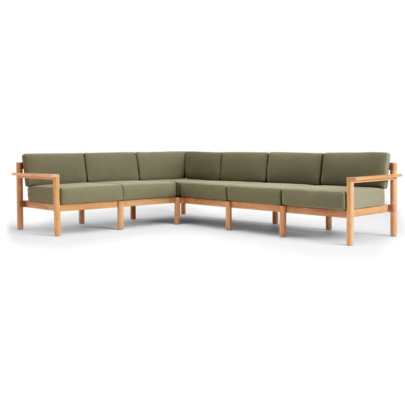 Haven 6-Piece Teak Outdoor Sectional with Sunbrella Cushions and Wooden Armrest, Sunbrella Leaf
