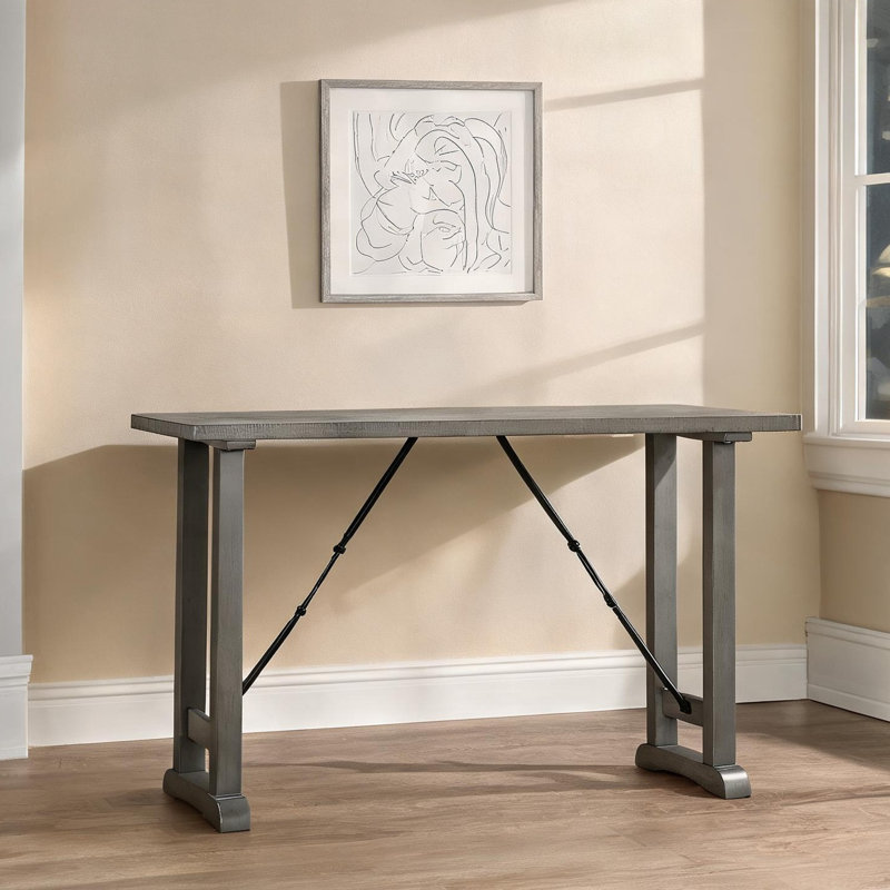 Table de salle à manger à hauteur de comptoir pour 4, table à tréteaux rectangulaire industrielle avec plateau en acacia gris doux, base en acier noir, 54 po x 24 po