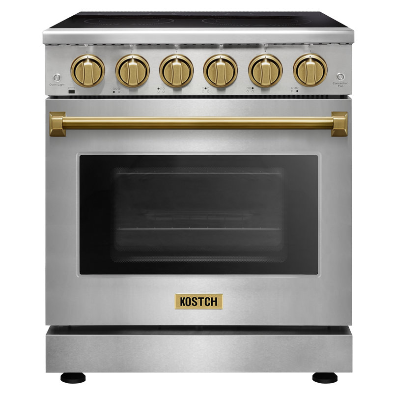 Cuisinière électrique professionnelle de 30 po avec 5 éléments chauffants Kostch, capacité de four à convection de 4,55 pieds cubes, surface de cuisson en verre lisse en acier inoxydable avec accents bronze