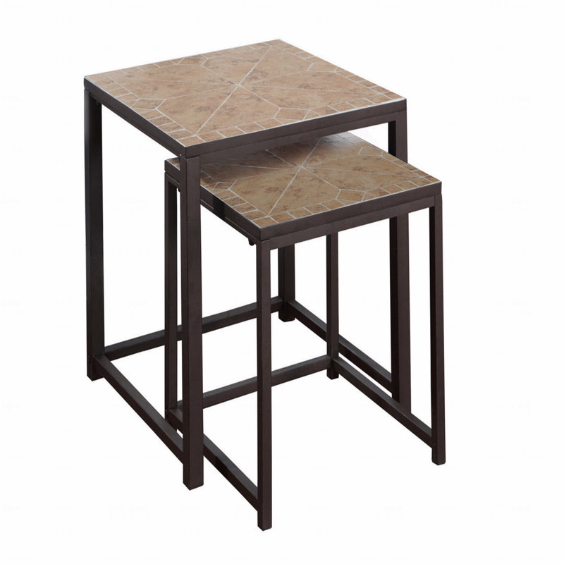 Table gigogne, ensemble de 2, côté, bout, métal, accent, carrelage brun, métal, transitionnel