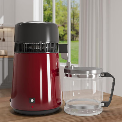Distillateur d'eau 4L en acier inoxydable - Purificateur de comptoir 750W avec pot en verre pour la maison, le laboratoire, l'aquarium, le lieu de travail - rouge (sans poignée), pot en verre, 4L, 750W