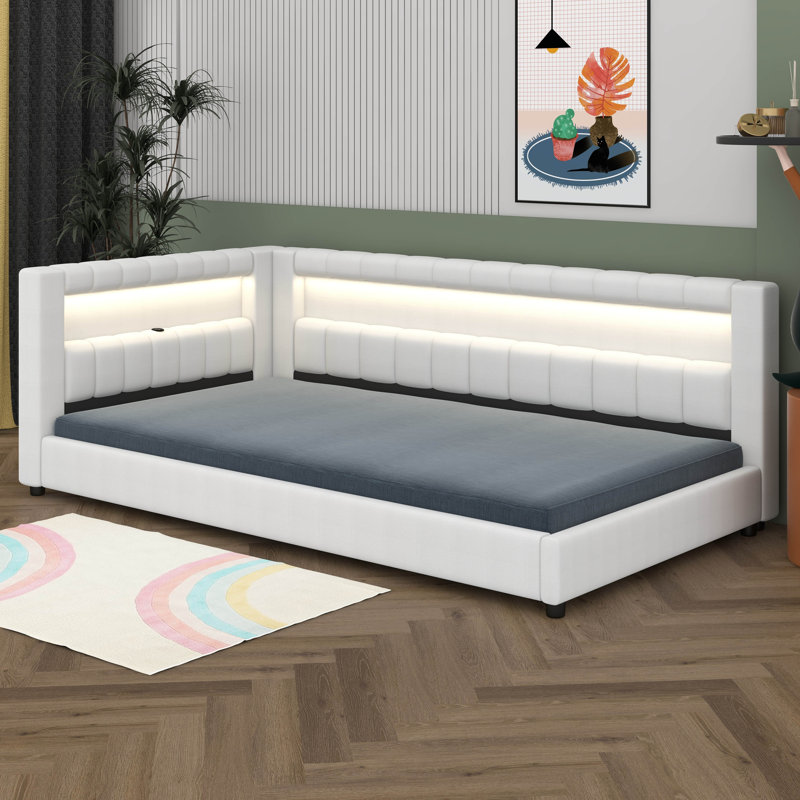 Modern Upholstered Platform Bed Frame With USB Ports,  Floor Sofa Day Bed With Storage Headboard, Cream White, Twin XL
