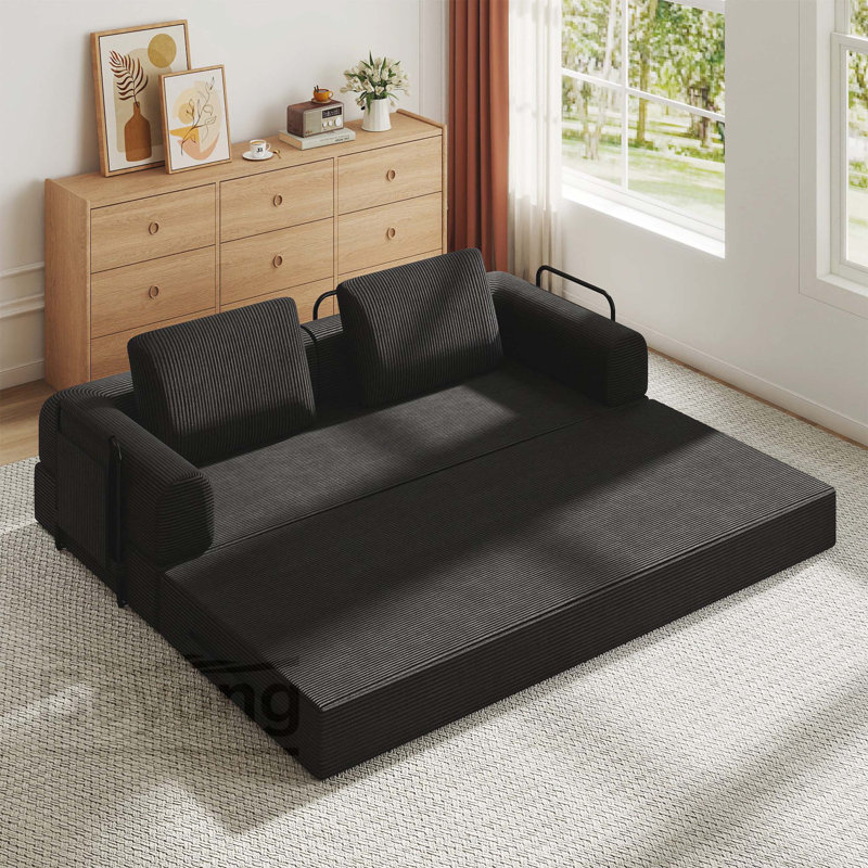 Canapé-lit convertible avec coussin cylindrique - Canapé-lit pliant en velours côtelé avec cadre de forme fixe pour le salon, la chambre à coucher, le salon, le noir studio