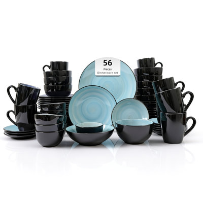 HomeVSS Sonoma Hand-Painted Swirl Glossy Stoneware 56-Piece Dinnerware Set, Service for 8