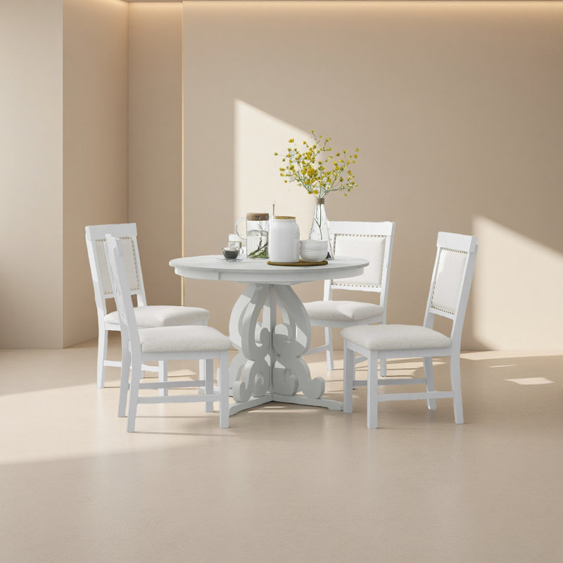 5-Piece Retro Functional Dining Set, 1 Extendable Table With A 16-Inch Leaf And 4 Upholstered Chairs, White