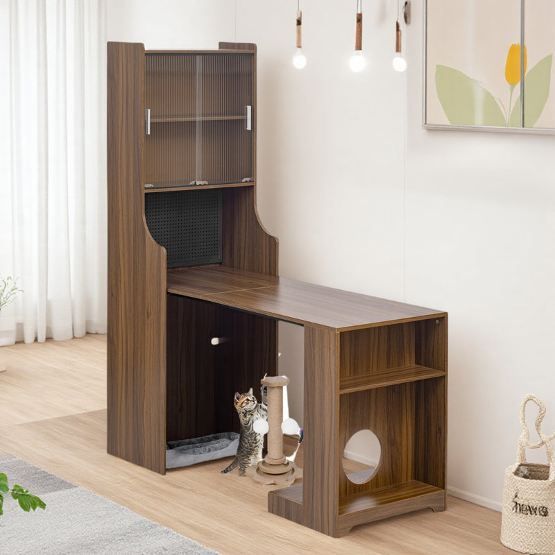 Mid-century Multi-use Extenable Cabinet Desk With Storage Peg Board, Storage Cabinet With Sliding Glass Doors, Led Light, Free Cat Cushion And Cat Toy