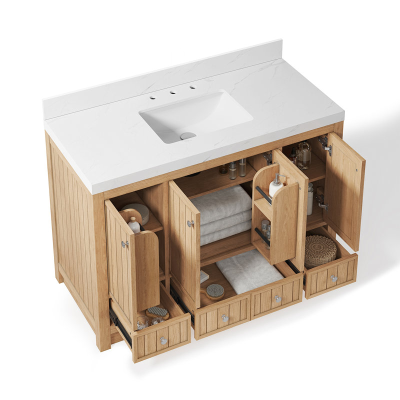 Meuble-lavabo fonctionnel de 48 po avec fermeture en douceur et dosseret, aucun assemblage requis et facile à nettoyer