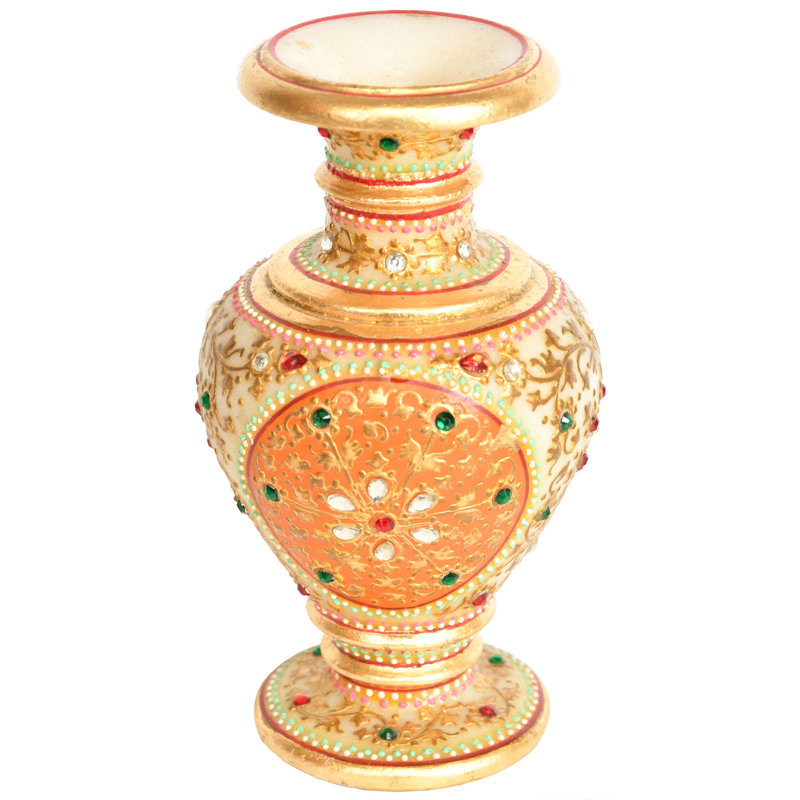 Pot de fleurs en marbre peint à la main 12 po - Vase artisanal orange et or avec incrustations de pierres précieuses