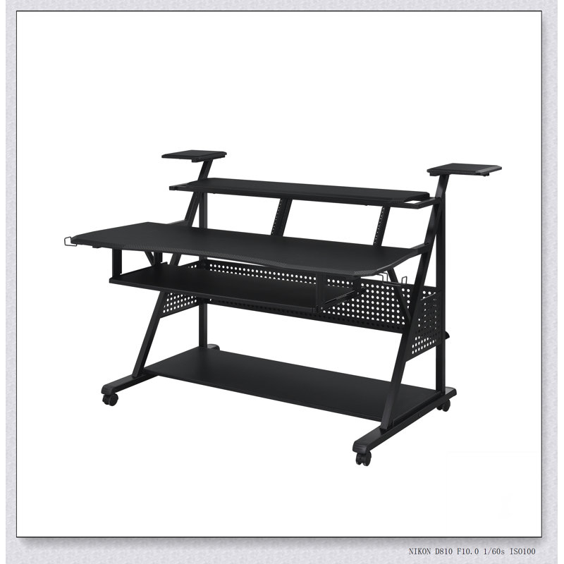 Keyboard Desk with Integrated Studio Storage - Mobile Music Stand for 61-Key MIDI Controllers, Black