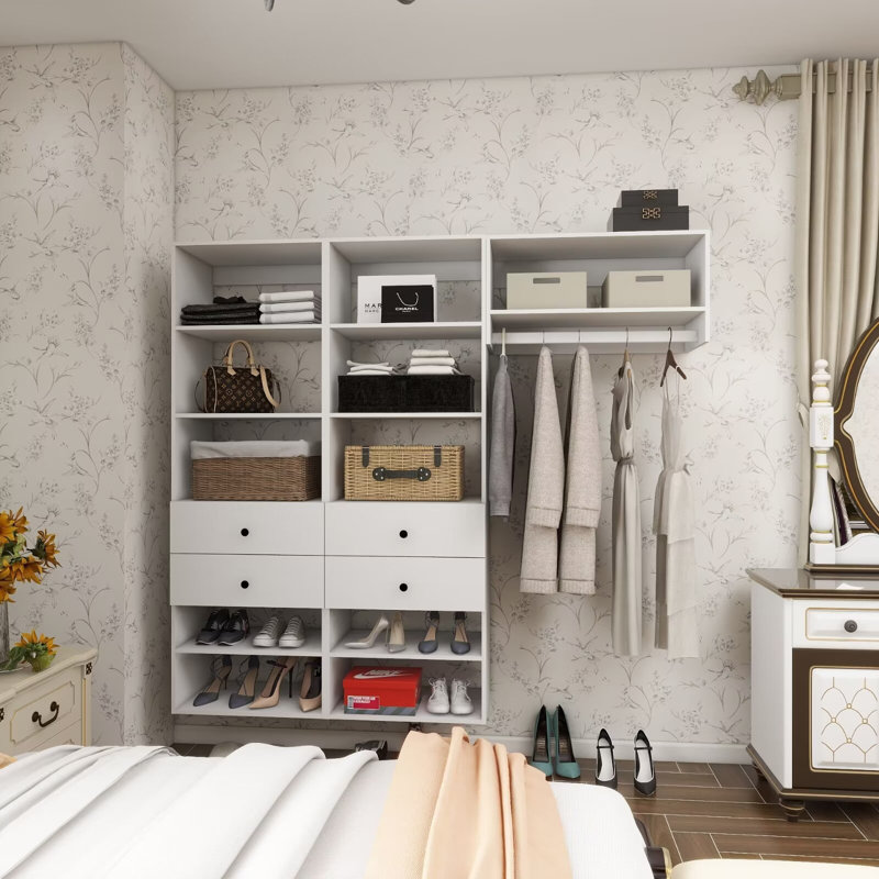 Système d'organisation modulaire blanc avec une tringle 11 tablettes et 4 tiroirs
