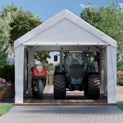 Abri d'auto robuste 10 x 20 avec garage portatif, abri pour bateau de garage extérieur, remises portatives, remise de rangement extérieure, auvent de voiture à parois latérales amovibles, bâche imperméable de 180 g, structure renforcée