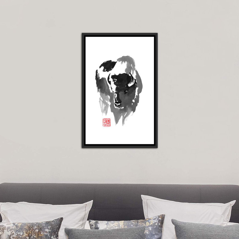 Buffle par Péchane - impression d'art graphique, H 26 po x l 18 po x 1,5 po, Toile avec cadre noir patiné, Pas de tapis