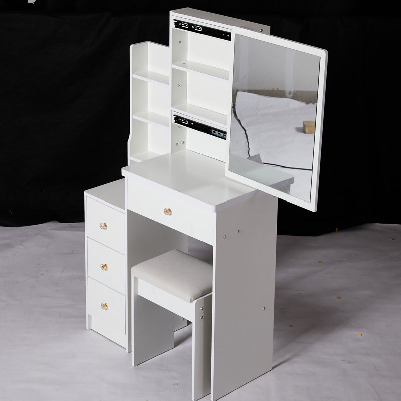 Compact Left Bedside Dresser Vanity, Includes Cushioned Stool & Extra Large Sliding Mirror, Multi-Layer Storage, Elegant White For Areas Small Space- Cabinet Vanity Table, With Padded Big Fashionable