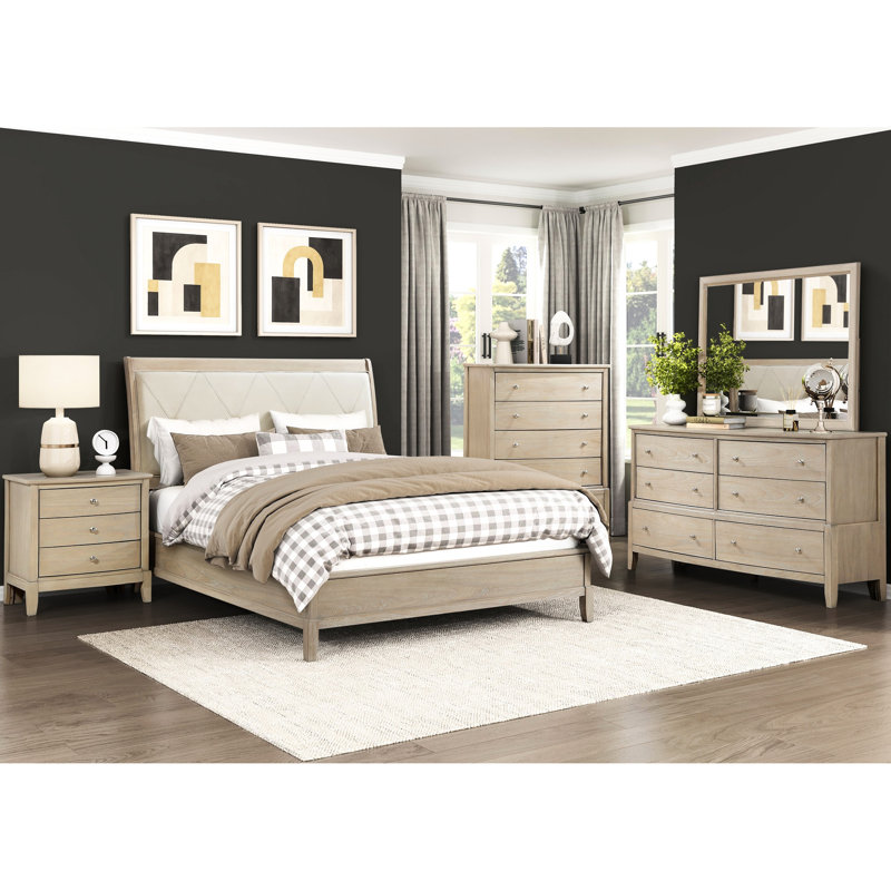 Cadre de grand lit beige avec tête de lit tapissier en similicuir de style classique et rails pour la chambre à coucher, Full