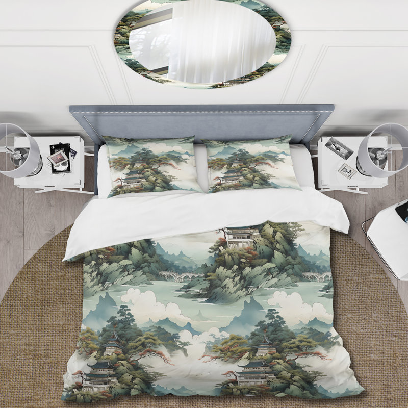Kesa Ink China Landscape I - Ensemble de housse de couette chinois - Microfibre de polyester