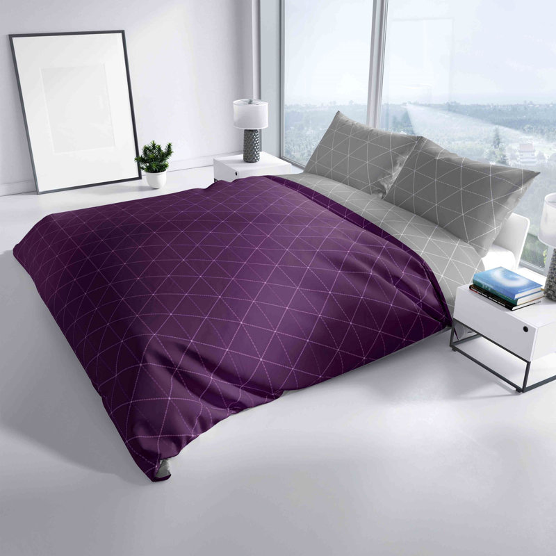 Denice Renforcé Bed Linen, 135 x 200cm Duvet Cover + 1 Pillowcase, Purple/Grey