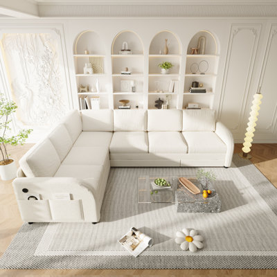 5-Person Oversized Convertible King Sleeper, Reversible Modular Sectional , Teddy Fabric, With Storage Pockets & USB Charging
