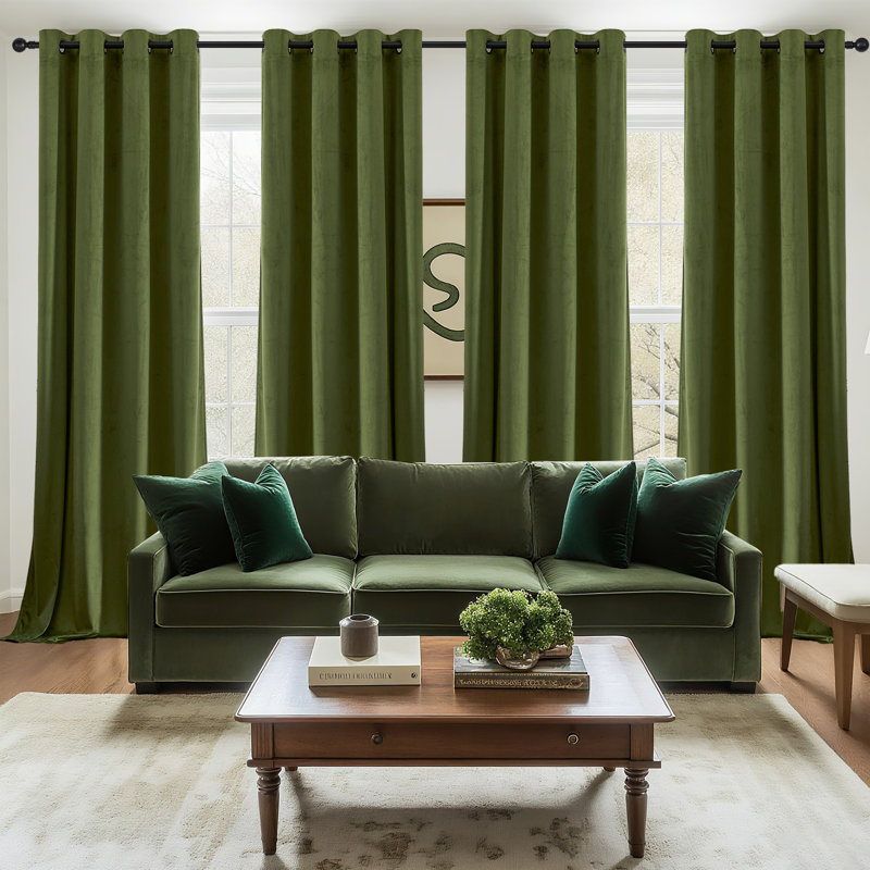 4Pcs Velvet Solid Color Metal Grommets Room Darkening Curtain Panels (Set of 4), 52" W x 84" L, Olive Green