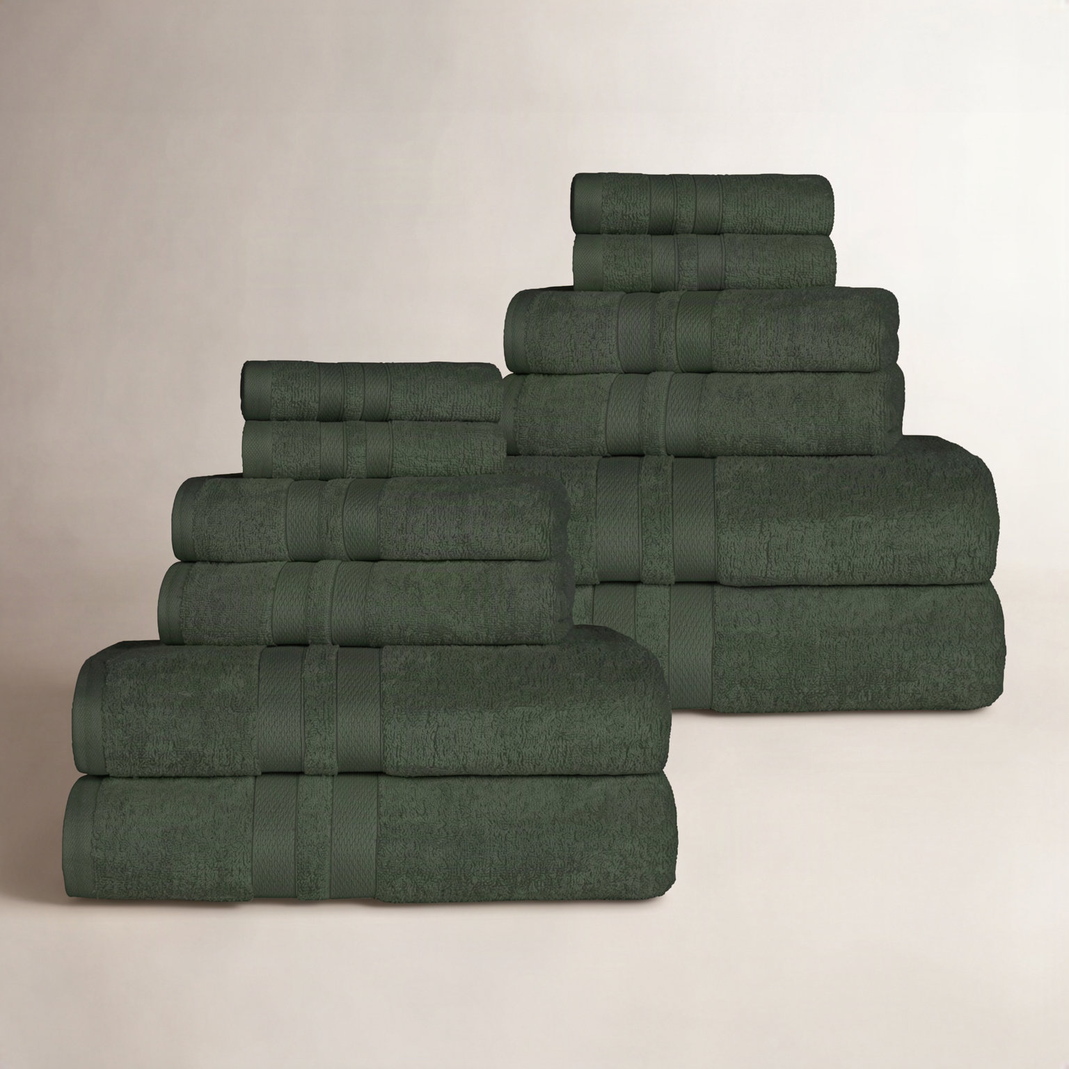 Quick-Drying Dobby Border Cotton Towel Set, Forest Green