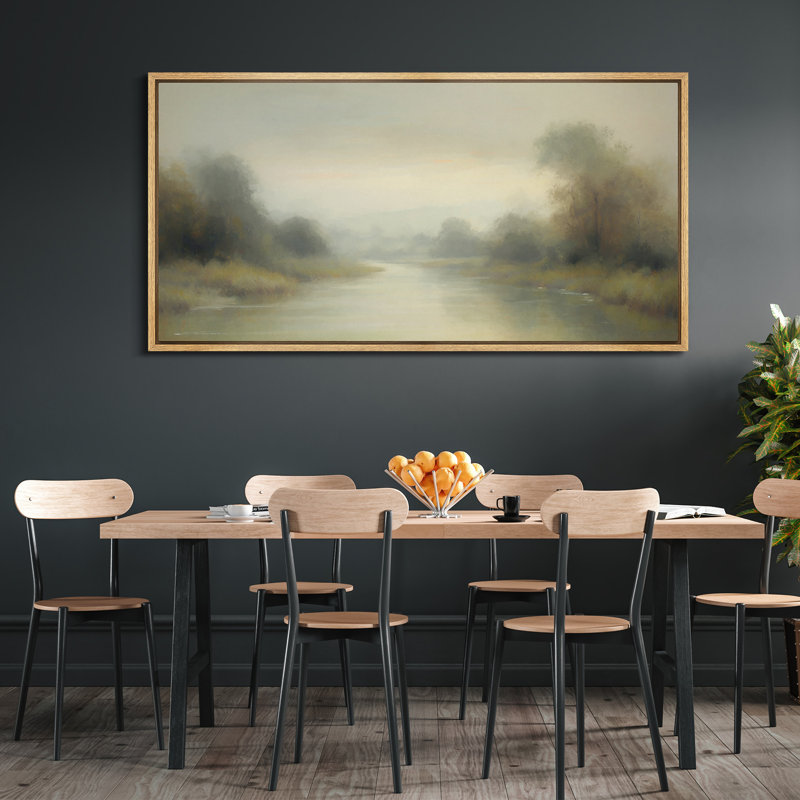 «Foggy River Landscape», art mural sur toile - Scène de nature tranquille dans des tons neutres doux, H 30 po x l 60 po