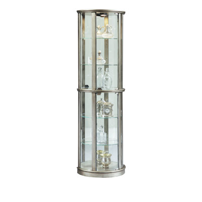 Lighted Half Round 5 Shelf Curio Cabinet in Aged Silver