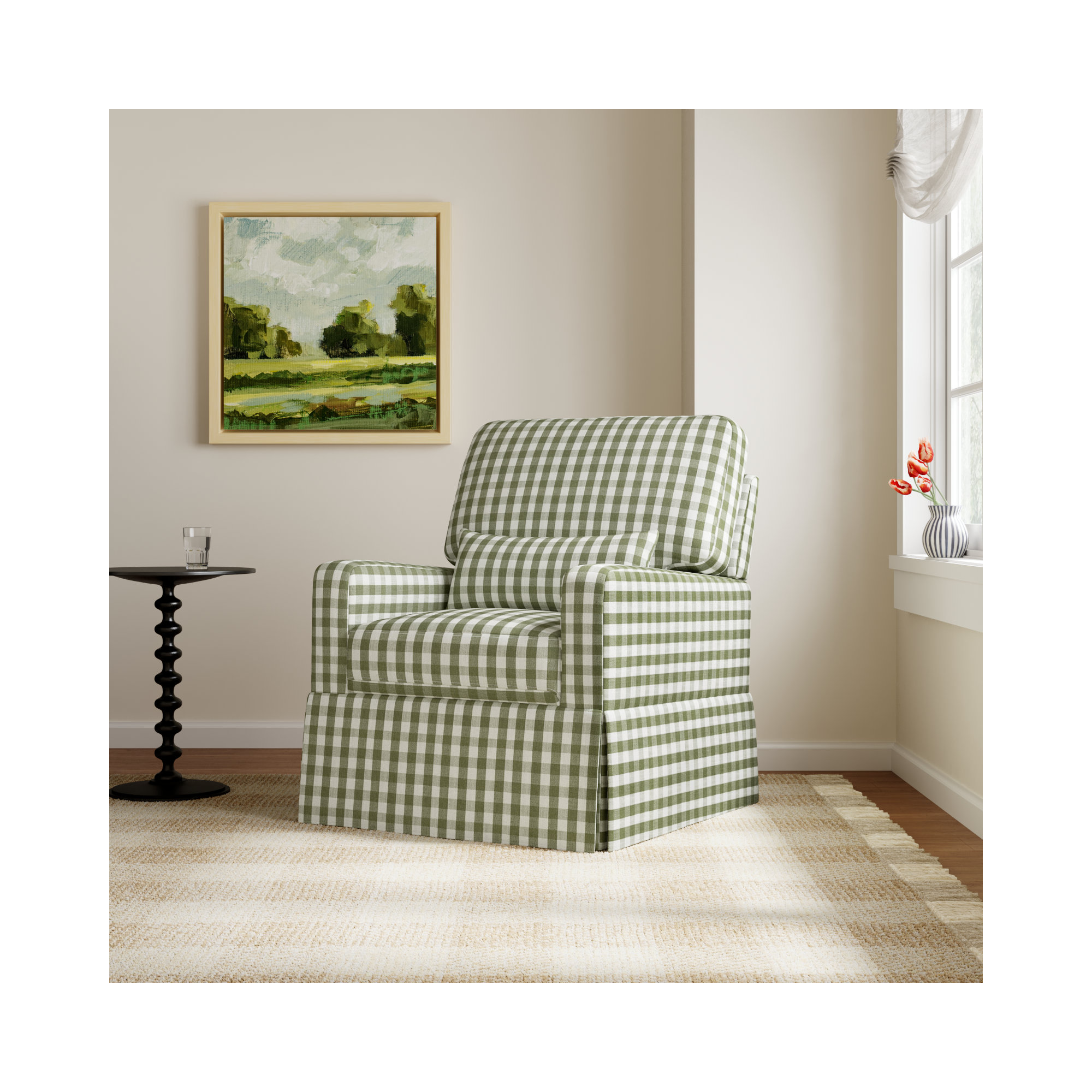 Crawford Upholstered Swivel Glider, Green Gingham