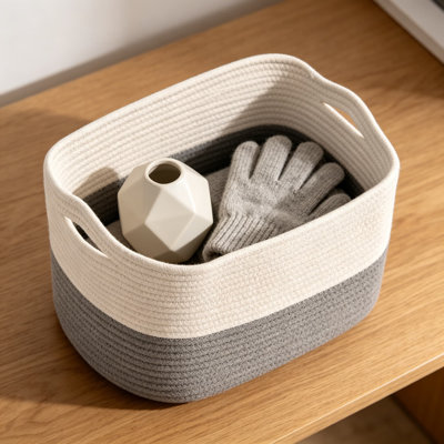 Woven Cotton Rope Storage Basket, Foldable Organizer Bin For Home, Nursery, And Office, Multi-Purpose Decorative Storage Solution With Handles