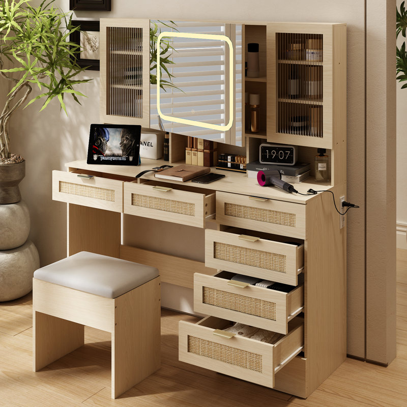 Grand ensemble de coiffeuse avec lumières, prise USB et prise de courant et 7 tiroirs