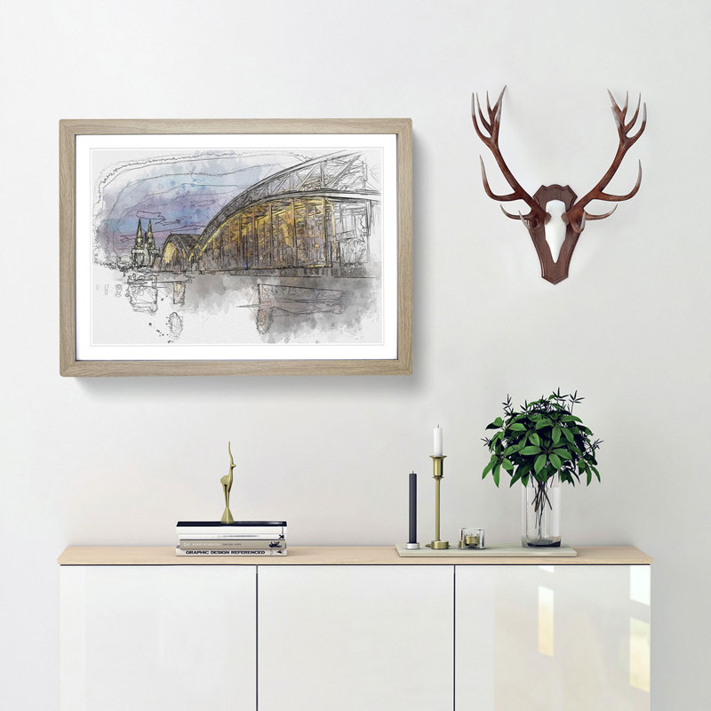 Cologne Cathedral & the Hohenzollern Bridge - Picture Frame Graphic Art Print, Oak Framed, 62cm H x 87cm W x 2cm D