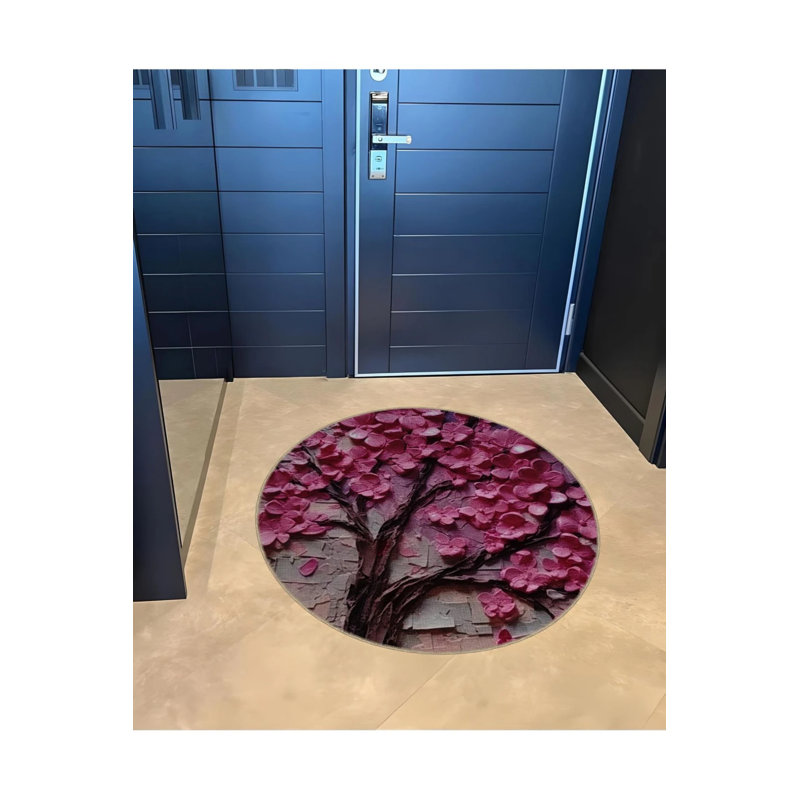 Pink Tree Patterned Round Woven Base Modern Decorative Carpet, Round 2'8"