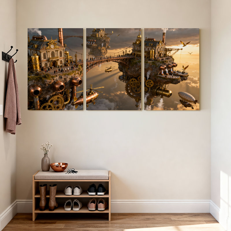 Fantasy & Sci-Fi Steampunk City Sky, îles flottantes, engrenages, dirigeables, ensemble de 3 impressions sur toile