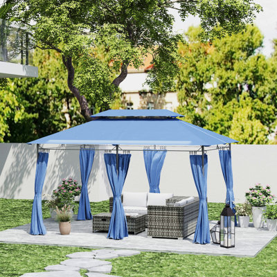 Outsunny 10' X 13' Patio Gazebo, Double Roof Outdoor Gazebo With Curtains And Metal Frame For Garden, Lawn, Backyard And Deck, Dark Blue