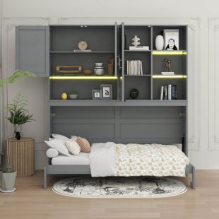 Twin Horizontal Murphy Bed With Storage Cabinet, LED Light, Bookcase And Shelves