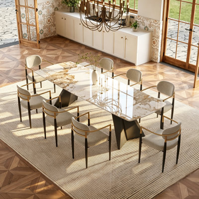 9-Piece Expandable Sintered Stone Dining Set, 78.74"-110.2" Rectangular Table with 8 Armchairs, Complete Dining Room Set for Family Gatherings